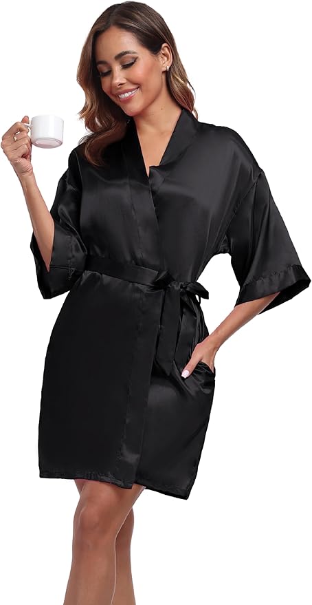 Women's Short Satin Robes Silky Bathrobe Bridesmaid Sleepwear for Wedding Party Getting Ready Solid Color