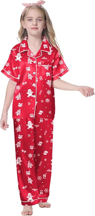 Umeyda Girls Womens Pajamas Set, Satin Silky Button Down Loungewear 2 Piece Short Sleeve Pants PJS Sets for Mommy Kids