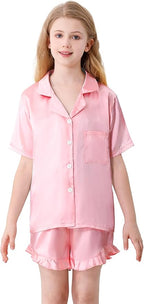 Umeyda Girls & Women Satin Pajamas Set Button Down 2 Piece Silk Pjs Shorts Set Ruffle Sleepwear, 5 Years-Women L