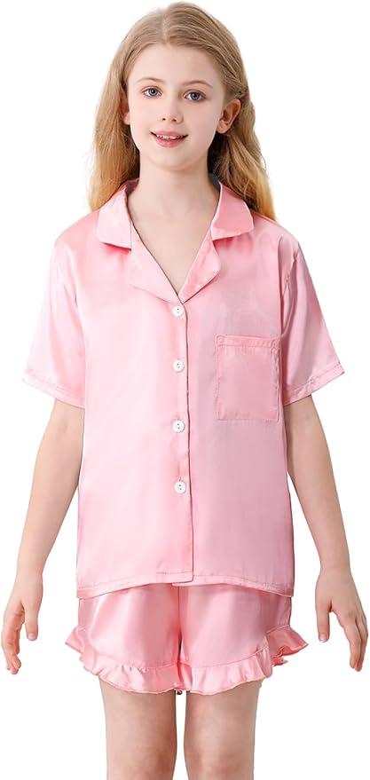 Umeyda Girls & Women Satin Pajamas Set Button Down 2 Piece Silk Pjs Shorts Set Ruffle Sleepwear, 5 Years-Women L