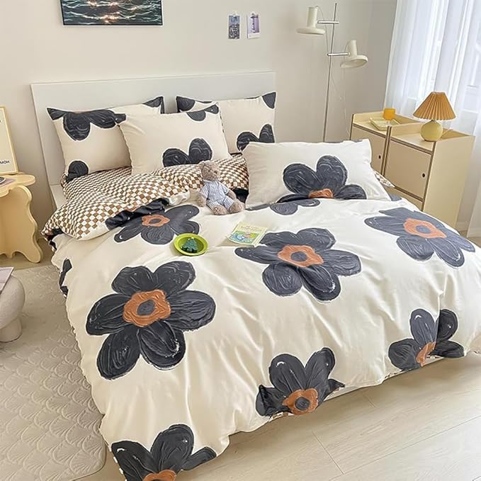 CLOTHKNOW Black Sunflower California King Comforter Set 3Pcs Floral Bedding Comforter Sets Brown Grid Comforter Boho Comforter Sets Cal King