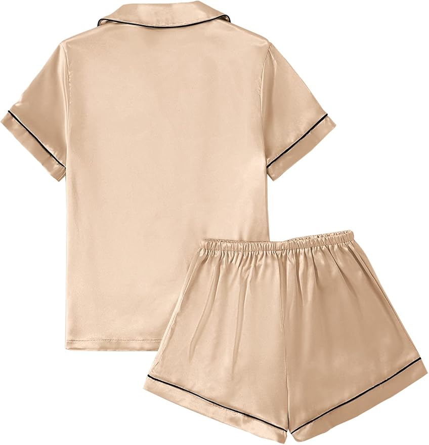 LYANER Women's Silky Satin Pajamas Set Short Sleeve Button Down Shirt With Shorts Pjs Set Sleepwear