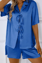 CHYRII Women's Silk Satin Pajamas Sets Tie Front Short Sleeve Tops and Shorts Two Piece Pj Sets Sleepwear