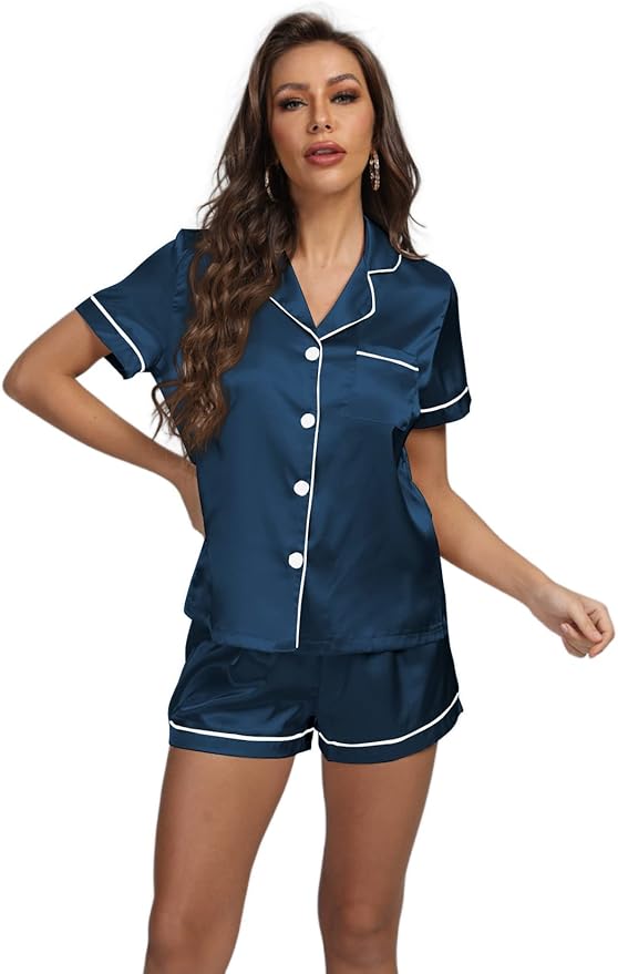 LYANER Women's Silky Satin Pajamas Set Short Sleeve Button Down Shirt With Shorts Pjs Set Sleepwear