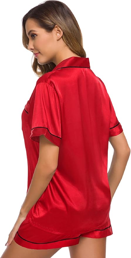 SWOMOG Womens Silk Satin Pajamas Set Short Sleeve Sleepwear Button Down Top and Shorts Loungewear 2 Piece Pjs Set XS-3XL