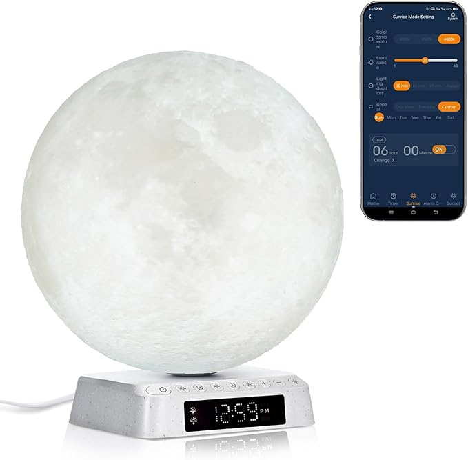 Sunrise Alarm Clock Wake Up Light - 3 Color LED Lamp with Sound & Light Awakening, Bioclock Adjustment & APP Control, Moon-Shaped Linen Lamp Shade for Bedroom Bedside