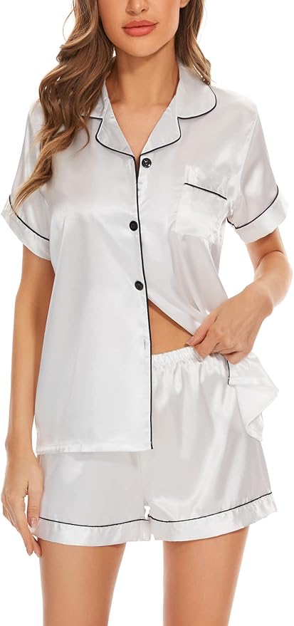 Women's Silk Pajama Set Short Sleeve Sleepwear Satin Button Down Pj Tops and Shorts 2 Piece Loungewear