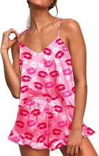 CHYRII Women's Sexy Silk Satin Ruffled Pajamas Sets Cami Shorts Sets Sleepwear