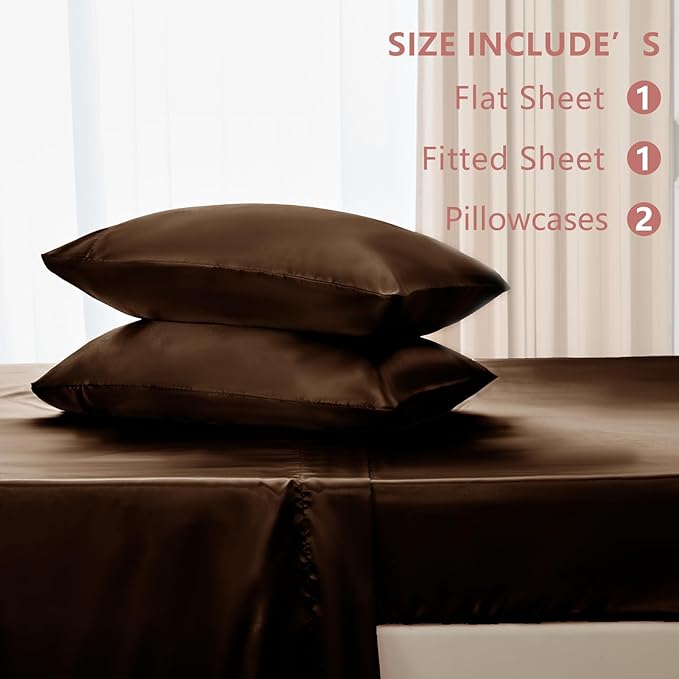 CozyLux Satin Sheets King Size Sheet Set - 4 Piece Silky King Sheets, Luxury Brown King Bed Set with Smooth and Soft Microfiber, Includes 1 Fitted Sheet, 1 Flat Sheet and 2 Pillowcases