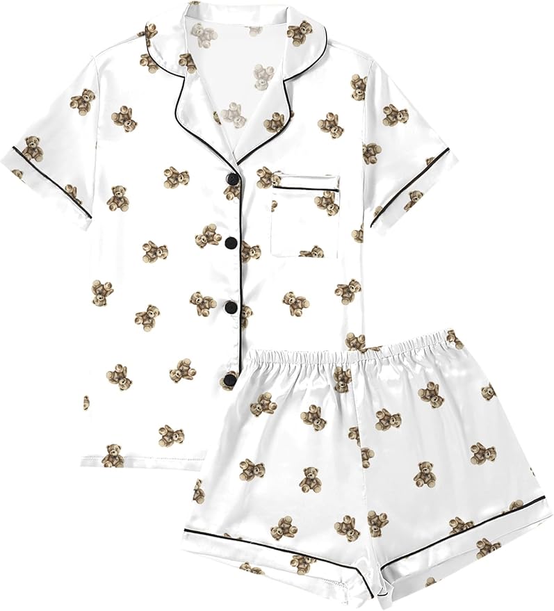 LYANER Women's Silky Satin Pajamas Set Short Sleeve Button Down Shirt With Shorts Pjs Set Sleepwear