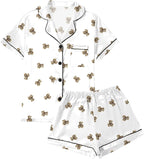 LYANER Women's Silky Satin Pajamas Set Short Sleeve Button Down Shirt With Shorts Pjs Set Sleepwear