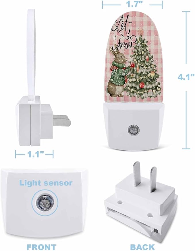 Night Light Plug into Wall, Xmas Winter Squirrel Santa Tree Snowflakes Dots Buffalo Gingham Vintage Peach Beige Popsicle Shape Night Light LED Nightlight with Light Sensors for Kids Bedroom Hallway