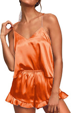 CHYRII Women's Sexy Silk Satin Ruffled Pajamas Sets Cami Shorts Sets Sleepwear