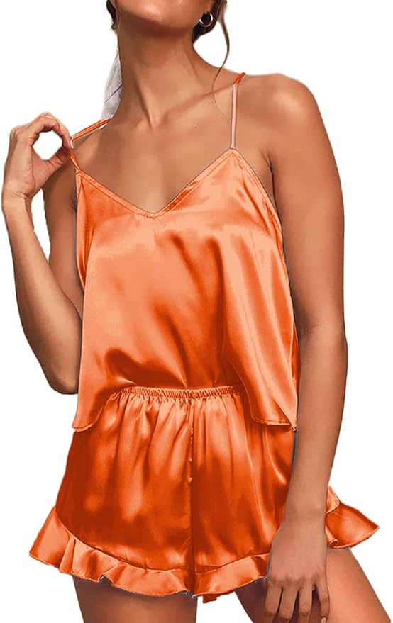 CHYRII Women's Sexy Silk Satin Ruffled Pajamas Sets Cami Shorts Sets Sleepwear