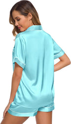 SWOMOG Womens Silk Satin Pajamas Set Short Sleeve Sleepwear Button Down Top and Shorts Loungewear 2 Piece Pjs Set XS-3XL