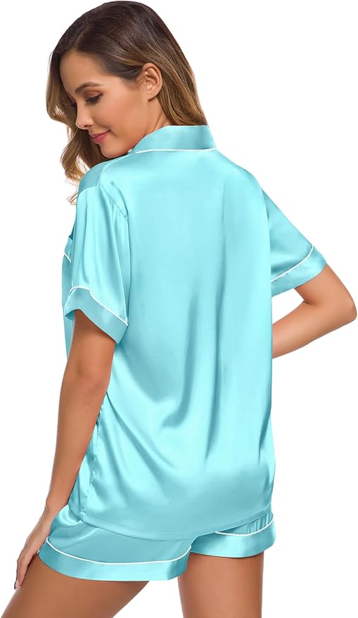 SWOMOG Womens Silk Satin Pajamas Set Short Sleeve Sleepwear Button Down Top and Shorts Loungewear 2 Piece Pjs Set XS-3XL