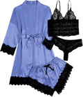 WDIRARA Women' Silk Satin Pajamas Set 4pcs Lingerie Floral Lace Cami Sleepwear with Robe