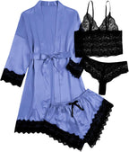WDIRARA Women' Silk Satin Pajamas Set 4pcs Lingerie Floral Lace Cami Sleepwear with Robe
