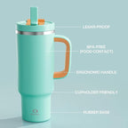 ENCOOL 40 oz Tumbler with Handle and Straw: Stainless Steel Insulated Tumbler Keeps Cold for 24 Hours, Leakproof Travel Cup Fits in Cup Holder and BPA-Free,Soft Cyan
