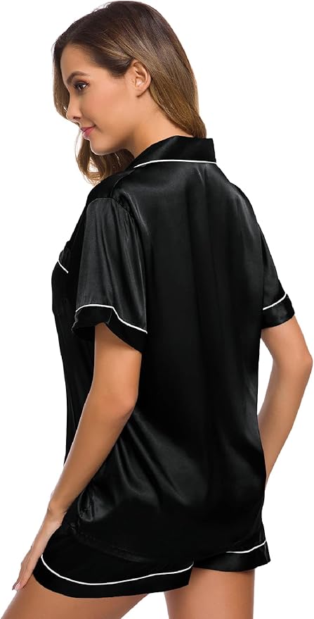 SWOMOG Womens Silk Satin Pajamas Set Short Sleeve Sleepwear Button Down Top and Shorts Loungewear 2 Piece Pjs Set XS-3XL