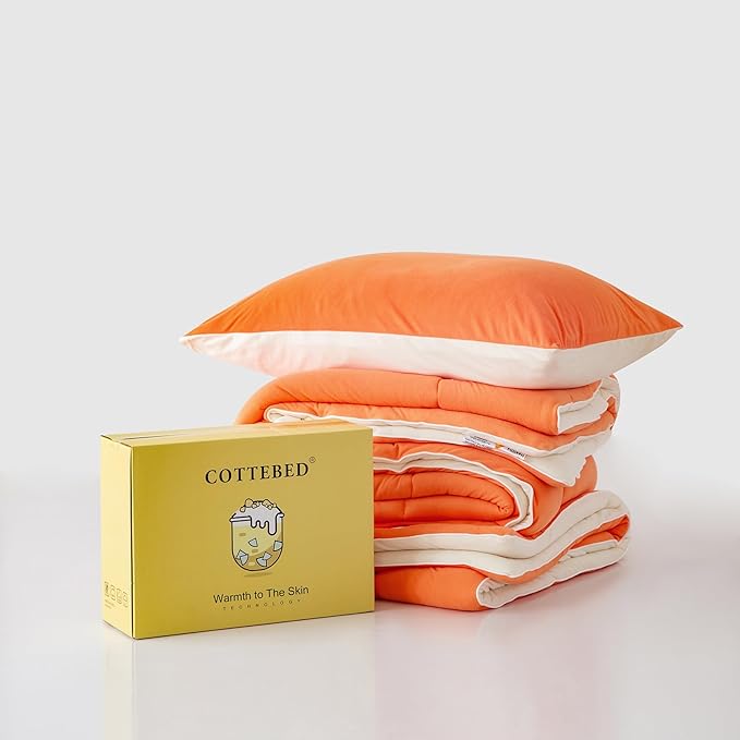 COTTEBED Winter Reversible Softness Burnt Orange and Beige Twin Comforter Set for Girls Kids College Dorm, Warm Thick Breathable Fluffy Cozy Comfy Bedding Down Comforter Christmas, Twin/Twin XL