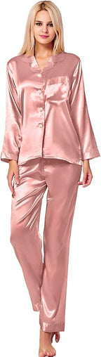 SWOMOG Long Sleeve Pajamas Set Silk Satin Sleepwear Button Down Pjs Loungewear with Pocket