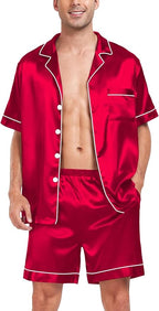 SWOMOG Satin Matching Pajamas Sets Couple Silk Button Down Nightwear Women & Men Short Sleeve Sleepwear 2 Pieces Loungewear