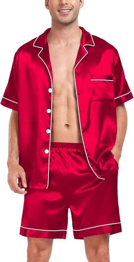 SWOMOG Satin Matching Pajamas Sets Couple Silk Button Down Nightwear Women & Men Short Sleeve Sleepwear 2 Pieces Loungewear