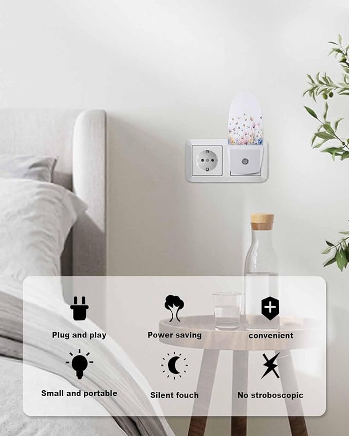 Night Light Plug into Wall, Spring Summer Flowers Floral Butterflies Birds Blue Yellow Peach Light Purple Popsicle Shape Night Light LED Nightlight with Light Sensors for Kids Bedroom Hallway