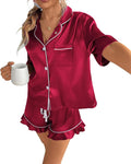 CHYRII Women's Silk Satin Pajamas Two Piece Pj Sets Short Sleeve Tops Ruffled Shorts Sleepwear with Magnetic Diffuser