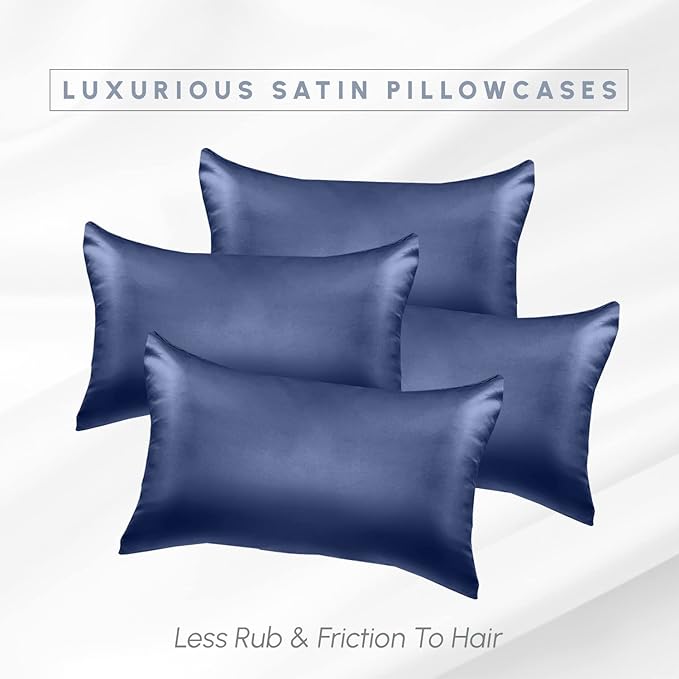 Elegant Comfort 4-Pack Cooling Viscose Satin Pillowcase Set with Hidden Zipper Closure, Silky Smooth for Hair and Skin Care-Beautiful Gift Box-4-Piece Satin Pillowcase Set, Standard/Queen, Navy Blue