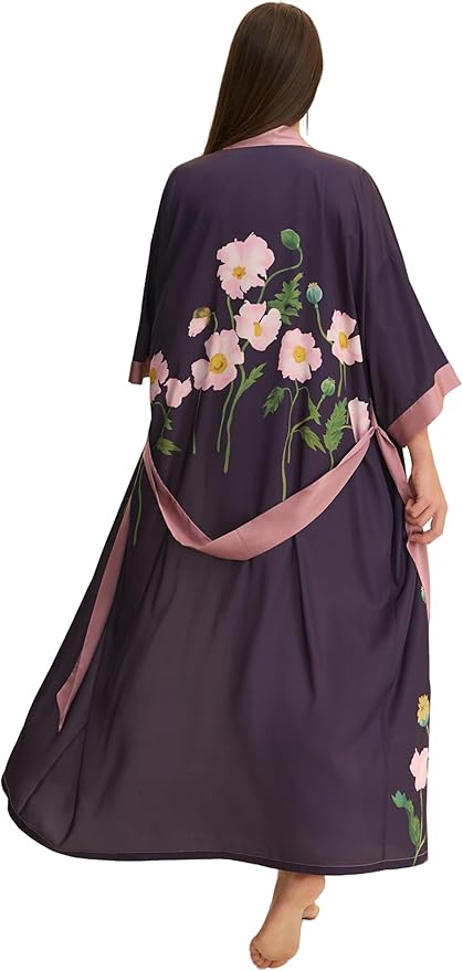 Kihnop Women's Floral Long Kimono Robe Long Satin Robe Long Silk Robe Ladies Kimonos Silky Bathrobe Cover Up, One Size