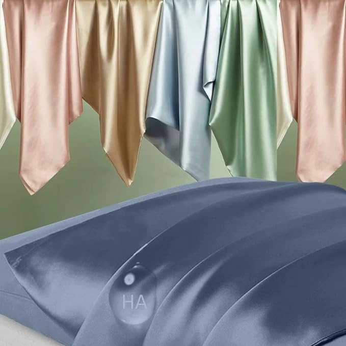 Silk Pillow Cases 2 Pack, Mulberry Silk Pillowcases Standard Set of 2, Soft, Smooth, Anti Acne, Beauty Sleep, Both Sides Natural Silk Satin Pillow Cases for Women 2 Pack with Zipper for Gift, Ash Blue