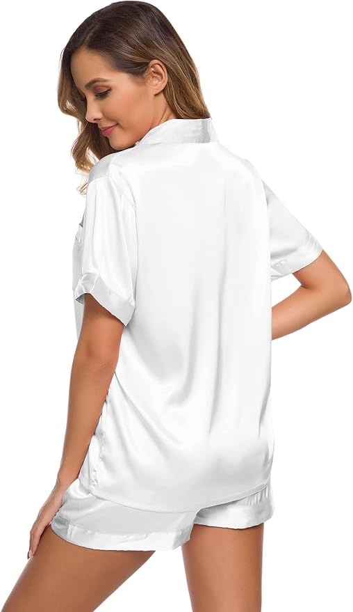 SWOMOG Womens Silk Satin Pajamas Set Short Sleeve Sleepwear Button Down Top and Shorts Loungewear 2 Piece Pjs Set XS-3XL