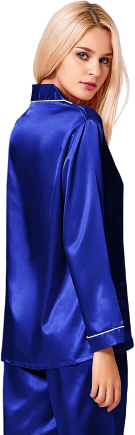 SWOMOG Womens Silk Satin Pajamas Set Long Sleeve Button Down Sleepwear 2 Piece Lounge Set Pj Set XS-3XL