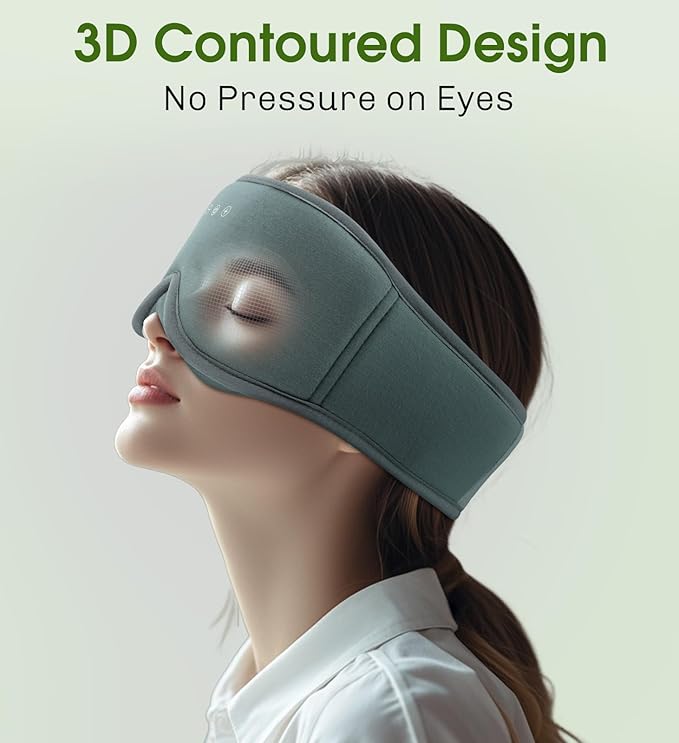 Bamboo Cotton Large Sleep Mask with Bluetooth Wireless Headphones - Blackout Eye Mask for Sleeping 3D Contoured Sleep Headband Ear Muffs Lengthen & Low Noise Hook for Better Experience (Grey)