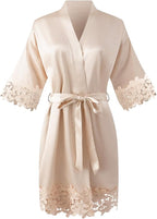 Womens Short Satin Robe Lace Trim Silk Kimono Sleepwear Bridesmaid Robes for Bride Wedding Party Nightgown