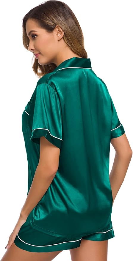 SWOMOG Womens Silk Satin Pajamas Set Short Sleeve Sleepwear Button Down Top and Shorts Loungewear 2 Piece Pjs Set XS-3XL