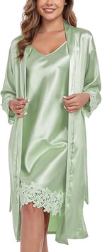 BestWendding Women's Silk Robe Set 2 Pieces Pajamas Sets Sexy Soft Satin Robe with V Neck Camisole Lingerie Nightgown