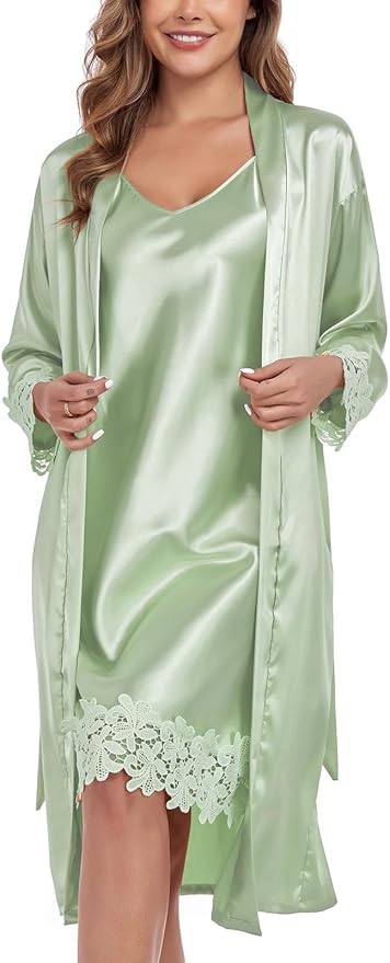 BestWendding Women's Silk Robe Set 2 Pieces Pajamas Sets Sexy Soft Satin Robe with V Neck Camisole Lingerie Nightgown