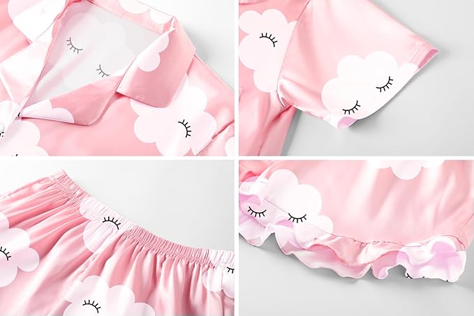 Umeyda Girls & Women Satin Pajamas Set Button Down 2 Piece Silk Pjs Shorts Set Ruffle Sleepwear, 5 Years-Women L