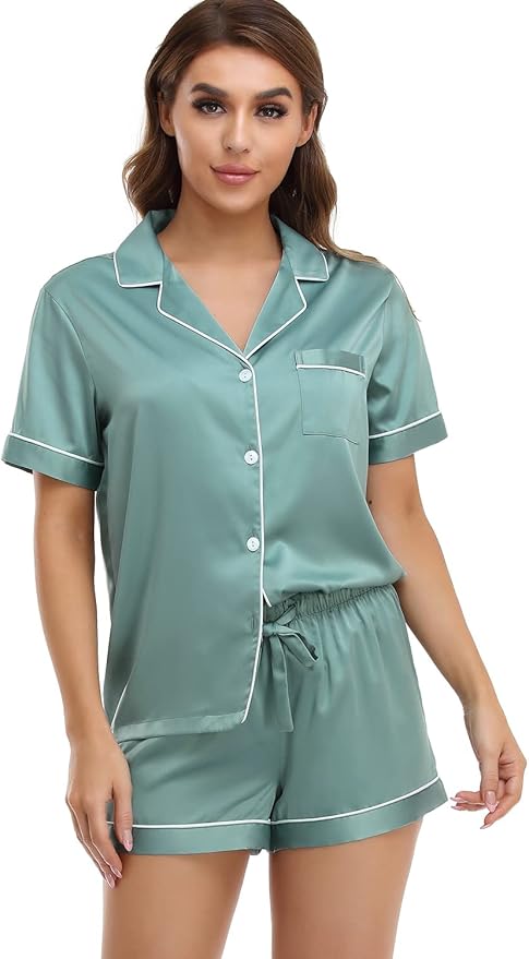 Serenedelicacy Women's Satin Pajama Set 2-Piece Sleepwear Loungewear Button Down Short Sleeve Silky PJ Set