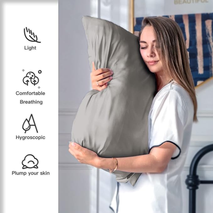 Mulberry Silk Pillowcase for Hair and Skin Standard Size 20"X 26" Pillow Case with Hidden Zipper Soft Breathable Smooth Cooling Silk Pillow Covers for Sleeping (Gray,Standard,1Pcs)