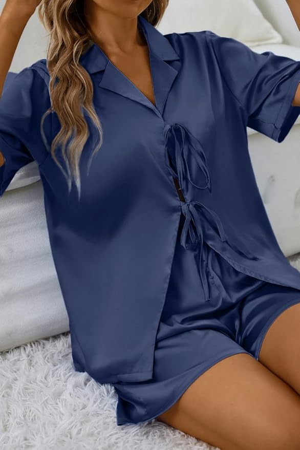 CHYRII Women's Silk Satin Pajamas Sets Tie Front Short Sleeve Tops and Shorts Two Piece Pj Sets Sleepwear