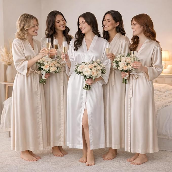 Silk Robes for Women Ankle Length Satin Kimono Robes with Belt Bridemaids Sleepwear Bachelorette Nightgown