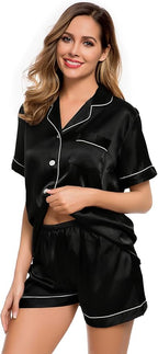 LecGee Womens Silk Satin Pajamas Short Sleeve Loungewear Two-Piece Sleepwear Button-Down Pj Set