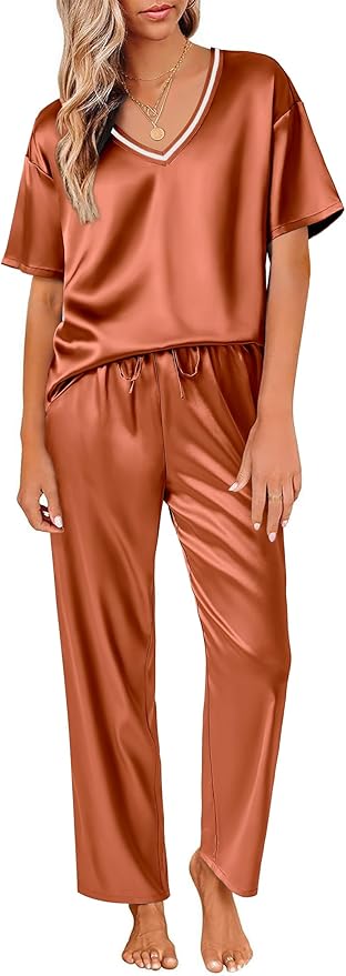 Ekouaer Satin Pajama Set for Women Short Sleeve Silky Pjs 2 Piece Lounge Sets Soft Comfy Sleepwear Loungewear S-XXL
