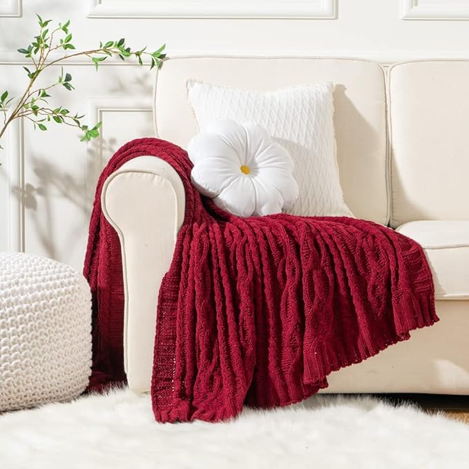 Battilo Christmas Dark Red Throw Blanket for Couch, Bed, Sofa, 51"x67", Woven Chenille Knit Throw Blankets, Gift Blanket, Cozy Warm Decorative Textured Throw Blanket for Living Room