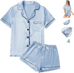 WJing Yi Jia 4Pcs Womens Satin Silky Pajama Sets Short Sleeve Shirt XS-4XL Floral Pajamas Set Soft PJ Loungewear Sleepwear