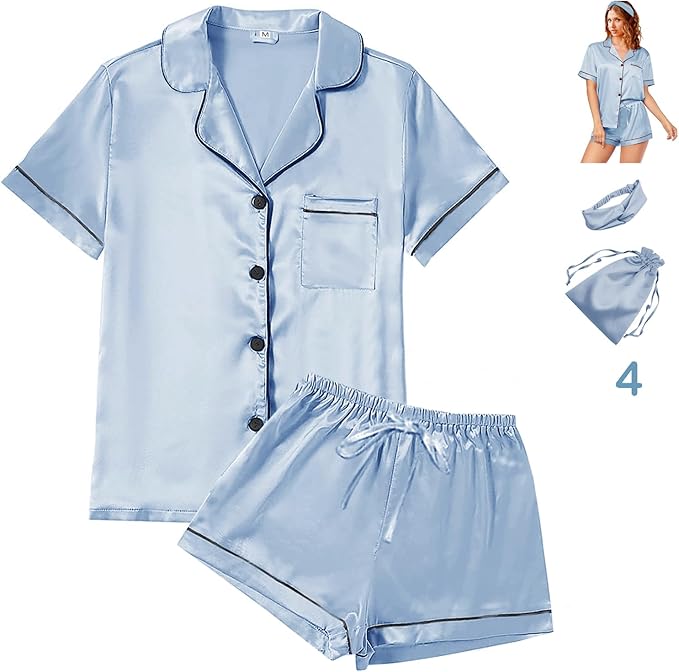 WJing Yi Jia 4Pcs Womens Satin Silky Pajama Sets Short Sleeve Shirt XS-4XL Floral Pajamas Set Soft PJ Loungewear Sleepwear